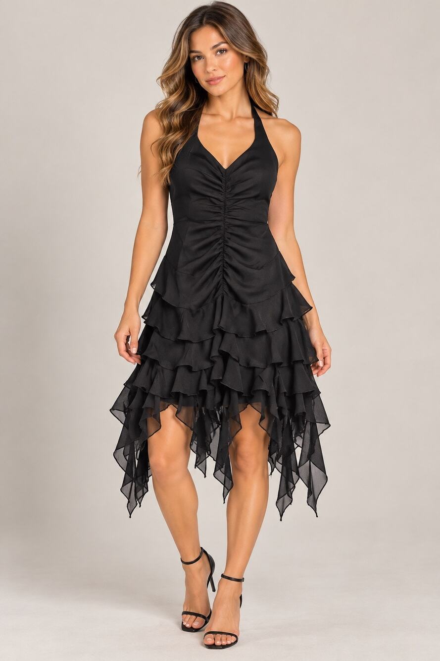 Vintage Y2K Dress-U by Sharon Black Ruffle Dress 8 Ruched Asymmetrical 3380